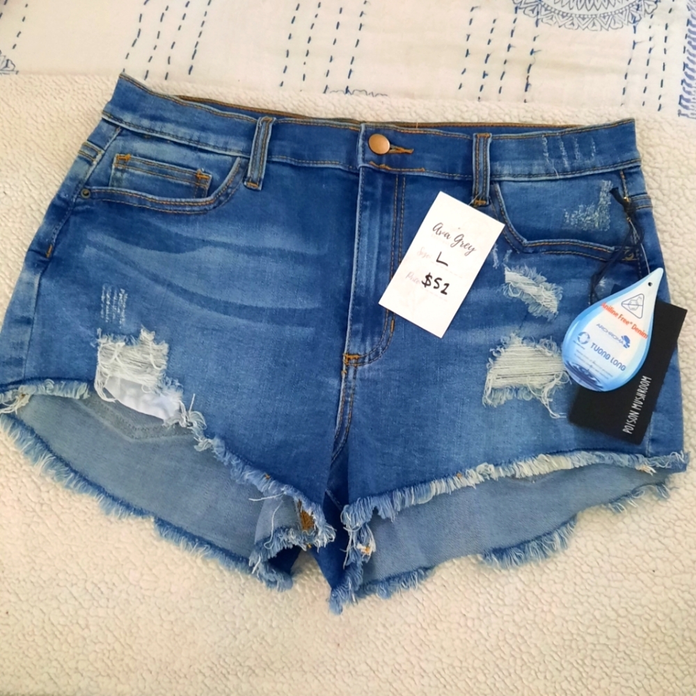 Poison Mushroom Blue Distressed Jean Shorts with Raw Hem. Large